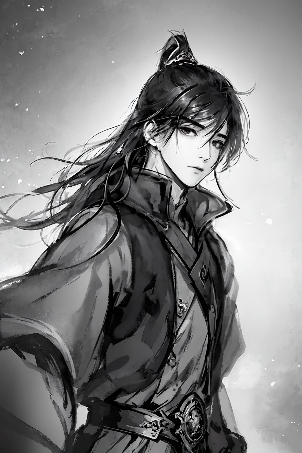 02941-4142247952-masterpiece, best quality,1boy,standing, black hair bun,cold face, upper body, (front),monochrome, greyscale,.png